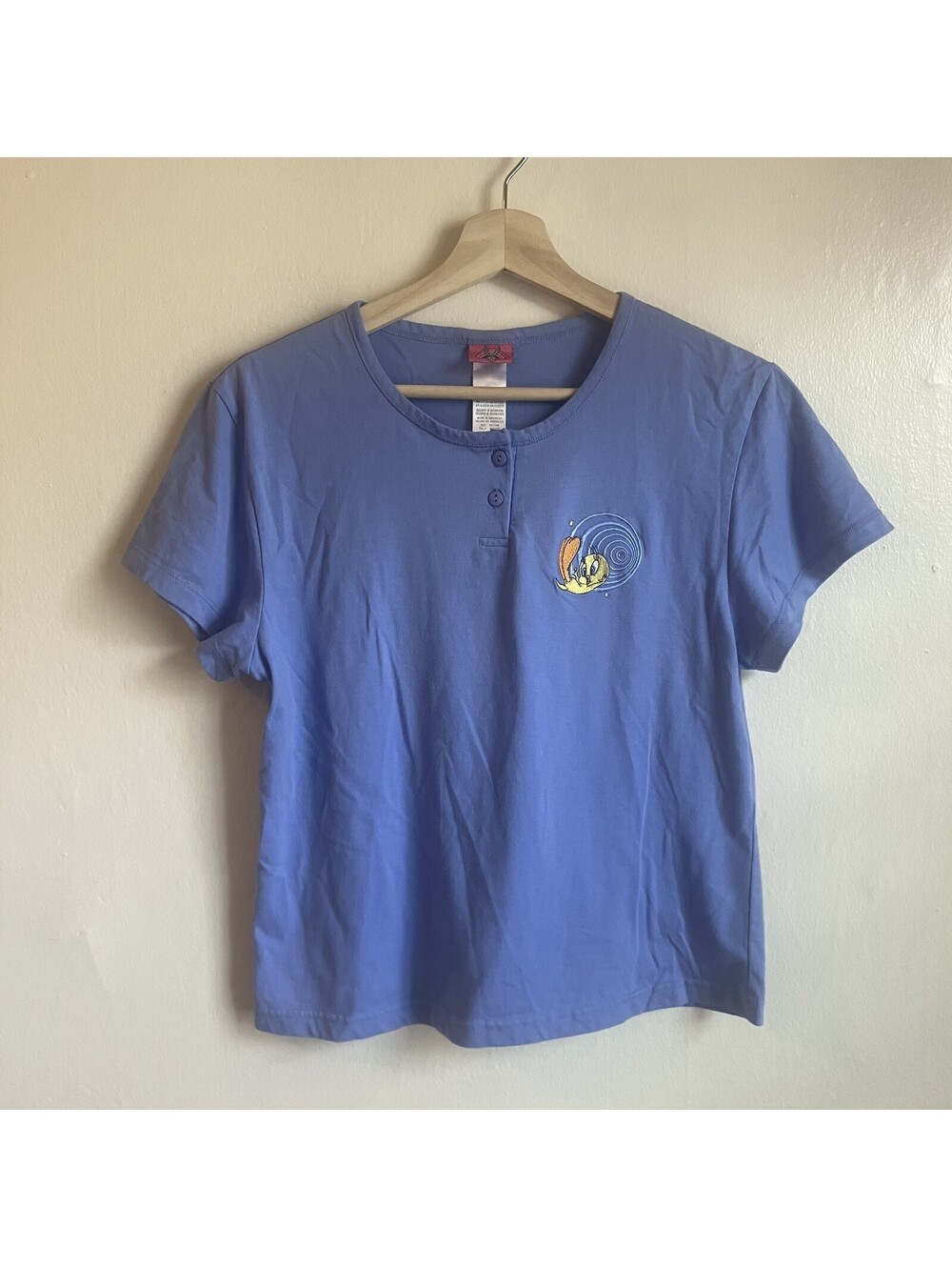 Vintage 90s Tweety Bird Embroidered Rhinestone Henley Tee Kidcore Medium